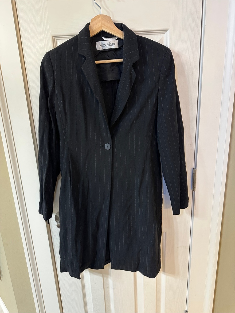 Max Mara Made In Italy Vintage Wool Longline Pinstripe Blazer Black Quiet Luxury